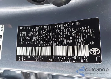 2022 Toyota Corolla Le из США, поврежденный, VIN 5YFEPMAE4NP326710